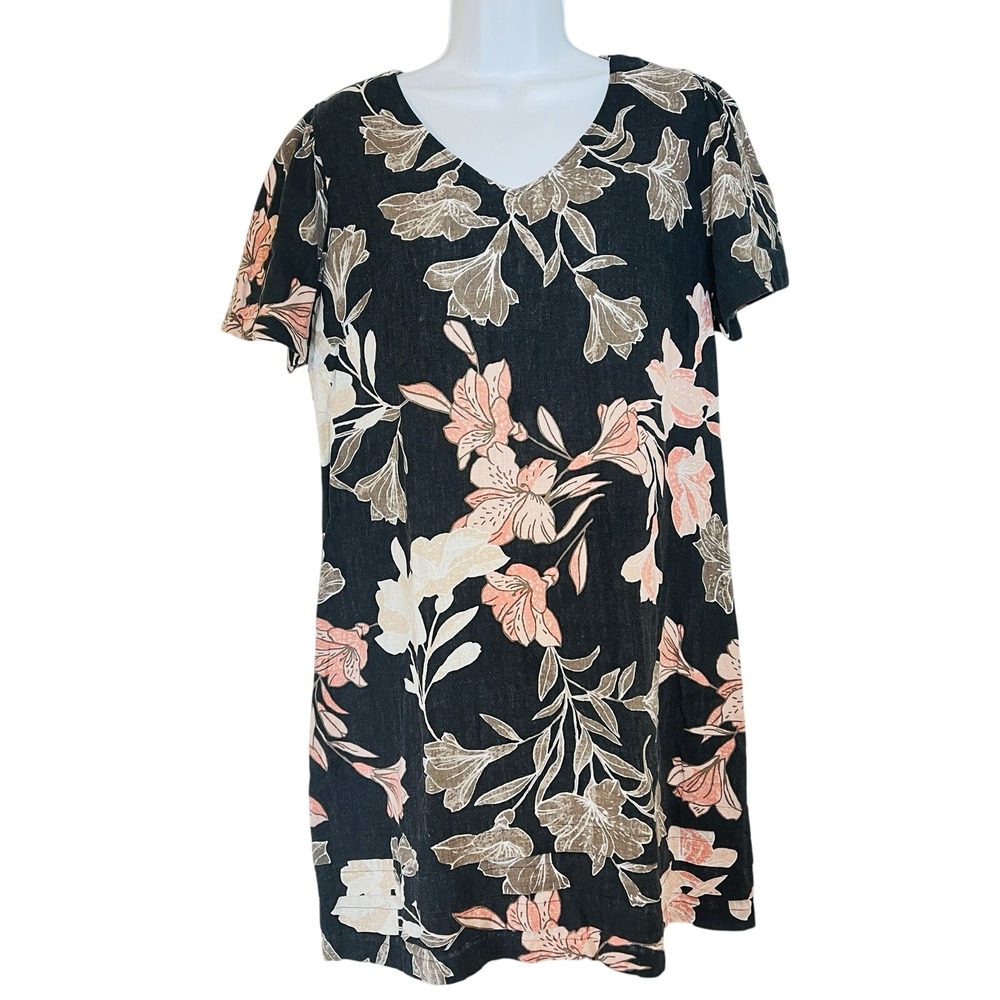 Nicole Miller Womens Linen‎ Blend Black Pink Floral Sz M Short Sleeve Tiered Hem
